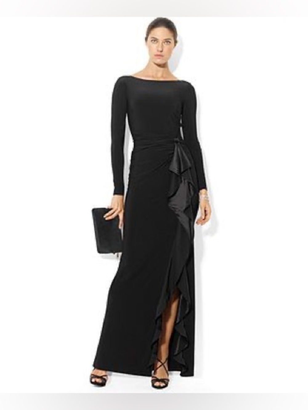 Lauren Ralph Lauren Evening Ruffle Trim Jersey Floor Length Gown Black 6 Formal